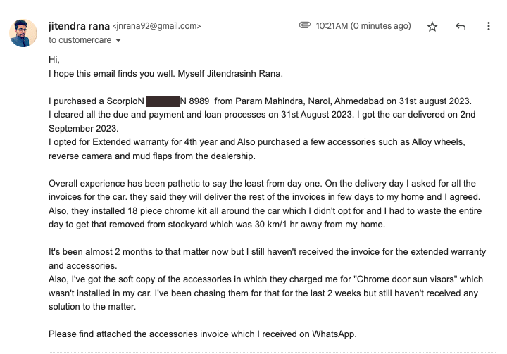 rj2fun's tweet photo. @anandmahindra @MahindraRise I've had the most pathetic car delivery experience with Param Mahindra, Narol, Ahmedabad. It's been almost two months but I still haven't received all the invoices for my car. poor communication and a complete lack of professionalism #disappointed https://t.co/fthiKhHhA8