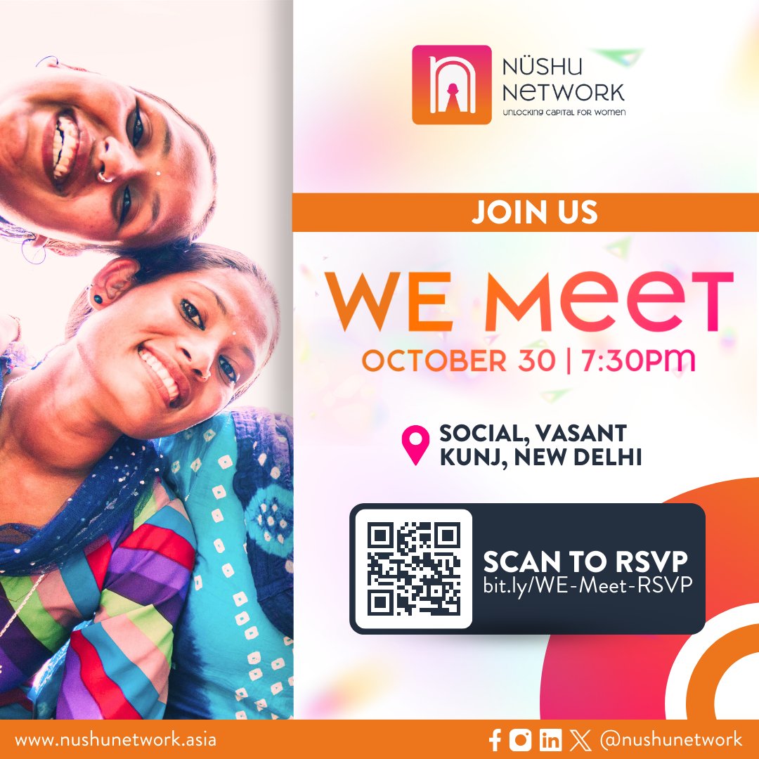 💃✨ Mix, mingle, and make magic happen at WE Meet! Join us for an engaging evening of networking with fellow women entrepreneurs.

📅 When: October 30 | 7:30 PM 
📍 Where: Social, Vasant Kunj, New Delhi | Google Maps: bit.ly/WE-Meet-Venue
📝 RSVP Here: bit.ly/WE-Meet-RSVP
