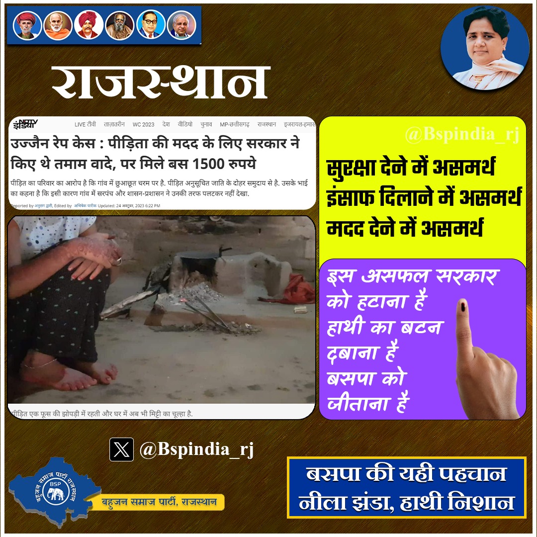 Bspindia_rj's tweet photo. सुरक्षा देने में असमर्थ,
इंसाफ दिलाने में असमर्थ,
मदद देने में असमर्थ!

इस असफल सरकार
को हटाना है,
हाथी का बटन दबाना है,
बसपा को जीताना है !

#राजस्थान_बीएसपी_के_साथ https://t.co/NJLCSgWY2P