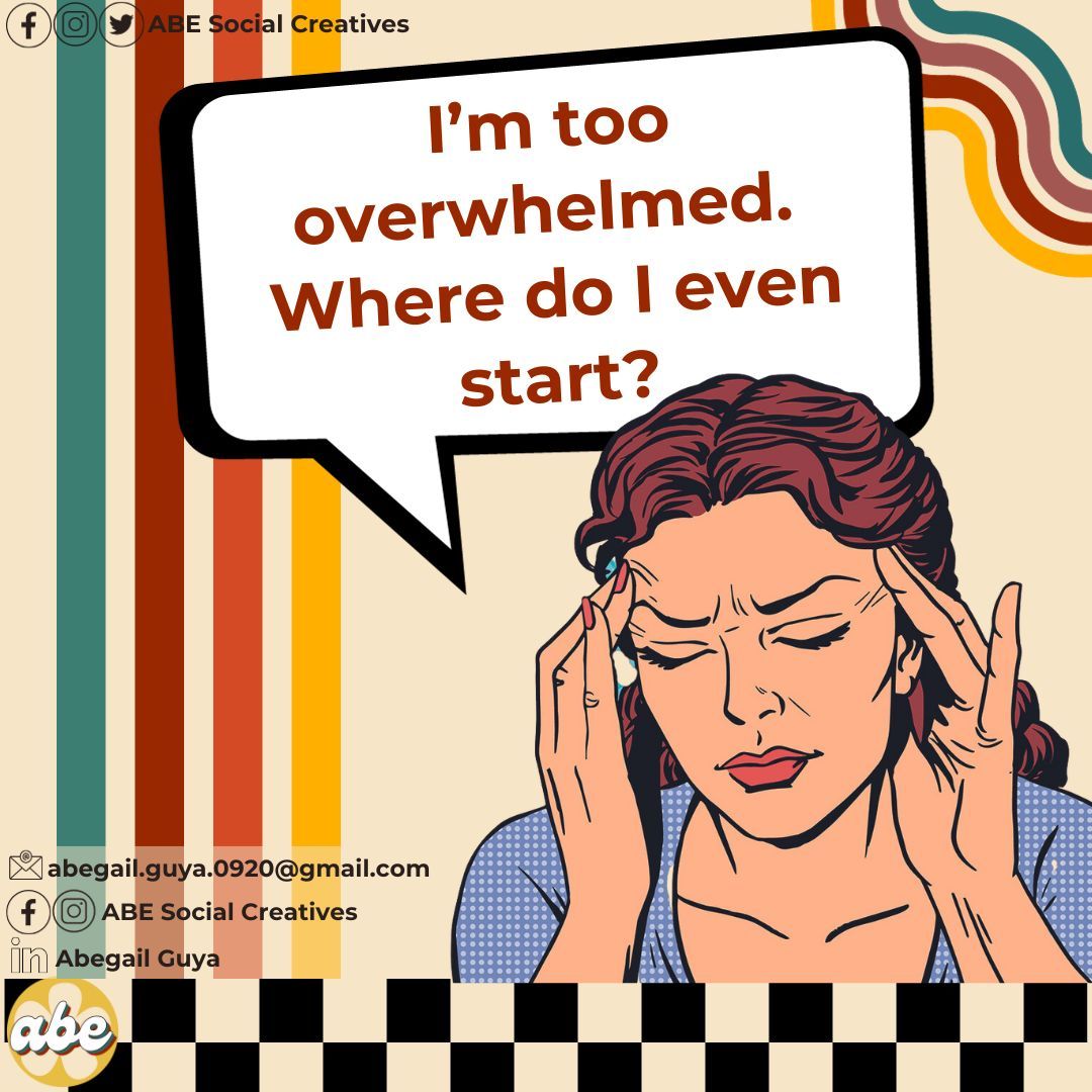 Feeling overwhelmed? You're not alone. ABE Socials is here to help you sort out your thoughts and regain focus. Together we'll conquer the chaos. #digitalmarketing #SMM

Connect with Us!
FB: buff.ly/45JlGoX
IG: buff.ly/46HHoe9
X: bit.ly/45OzCOm