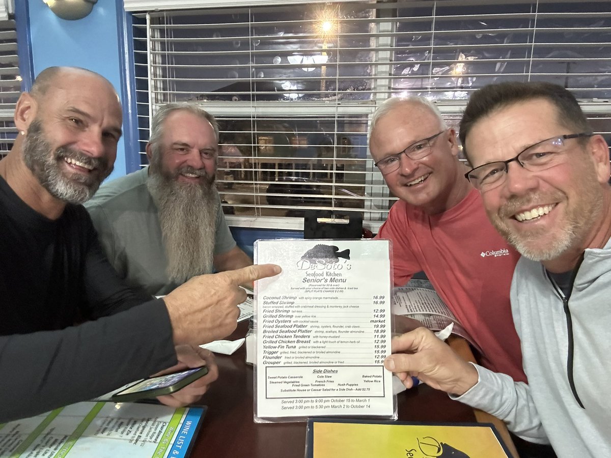 Fishing trip at the gulf and we just crossed a threshold…me and my high school peeps all qualify for the senior menu!!!!!
