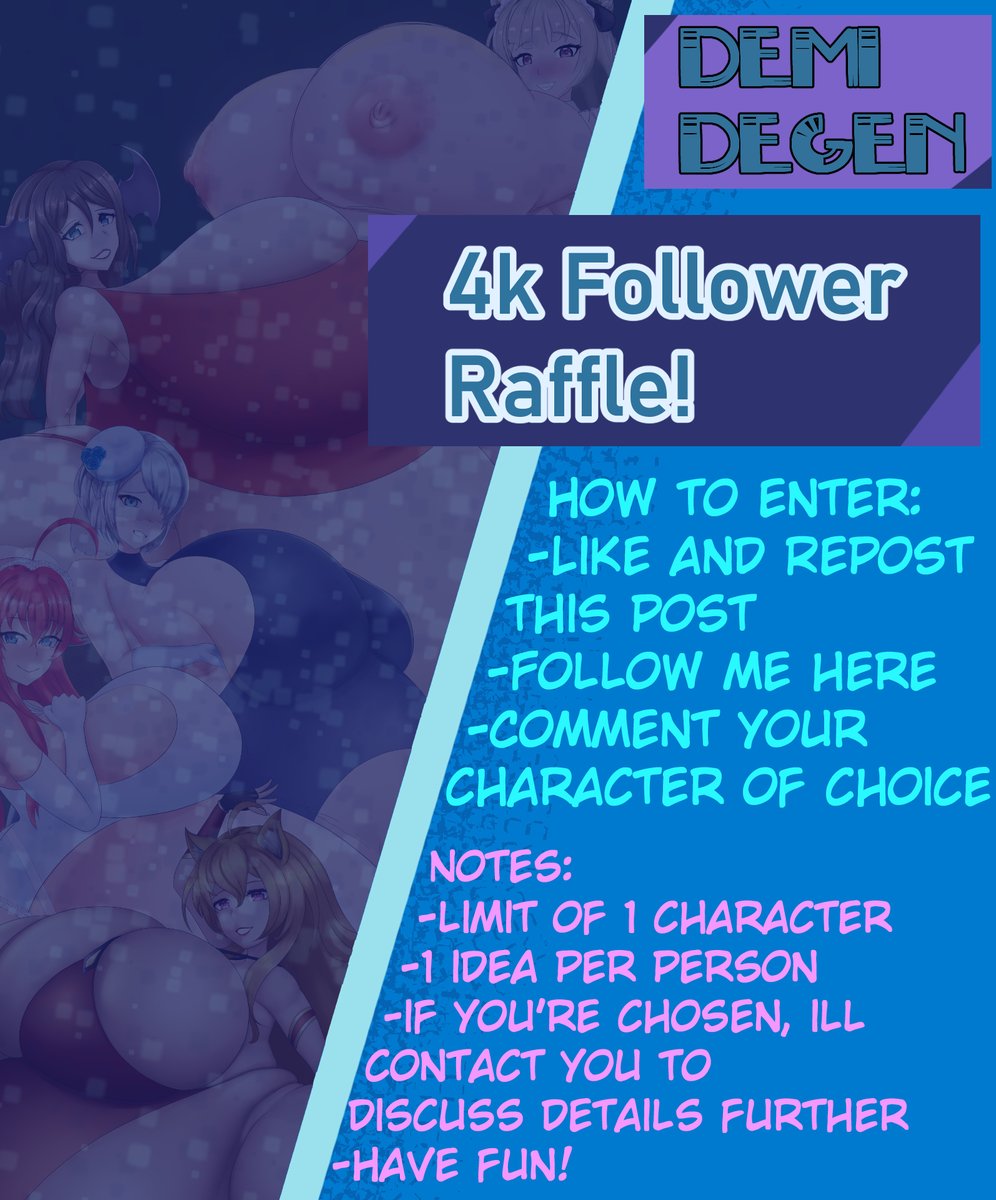 Time to hold up my end of a bargain I made surprisingly not that long ago.

Comment what character you want drawn if you win down below.
If you unsure as to what kinks I draw, look at my com sheet as reference.
Winners will be announced after cut off.

CUT OFF DATE: 9TH NOVEMBER