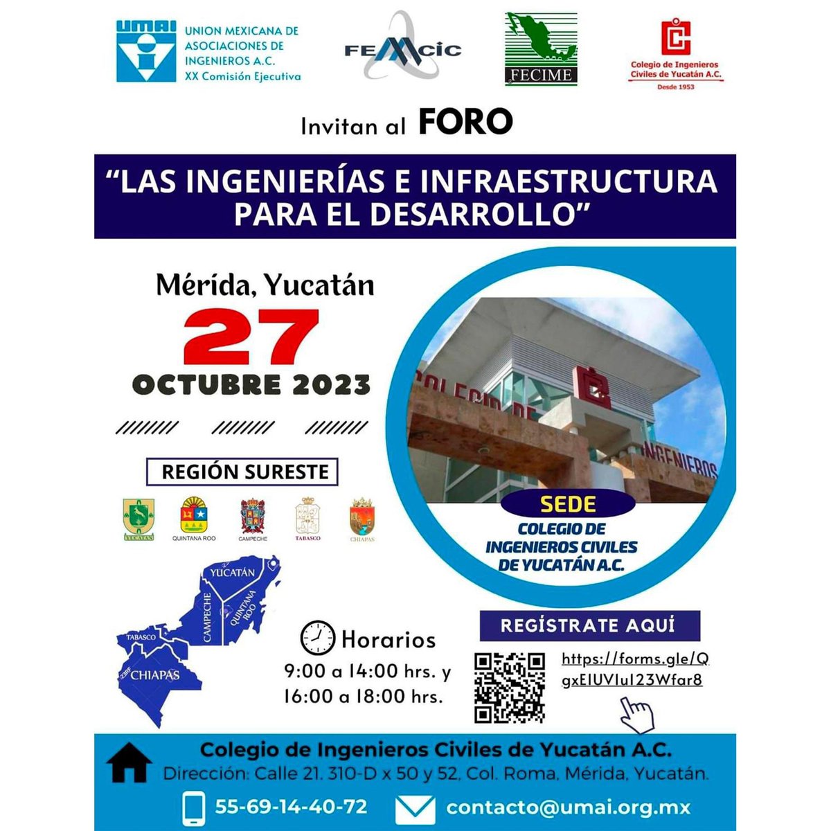 <a href="/UMAI_AC/">Unión Mexicana de Asociaciones de Ingenieros</a> , la FEMCIC, FECIME y el <a href="/cicyucatanmx/">Colegio de Ingenieros Civiles de Yucatán AC.</a> - Sitio Oficial invita al foro:

"Las Ingenierías e Infraestructura para el Desarrollo" a desarrollarse en Mérida, Yucatán en instalaciones del CIC de Yucatán.

REGÍSTRATE AQUI 👇
forms.gle/QgxE1UV1u123Wf…

#JuntosSomosFEMCIC