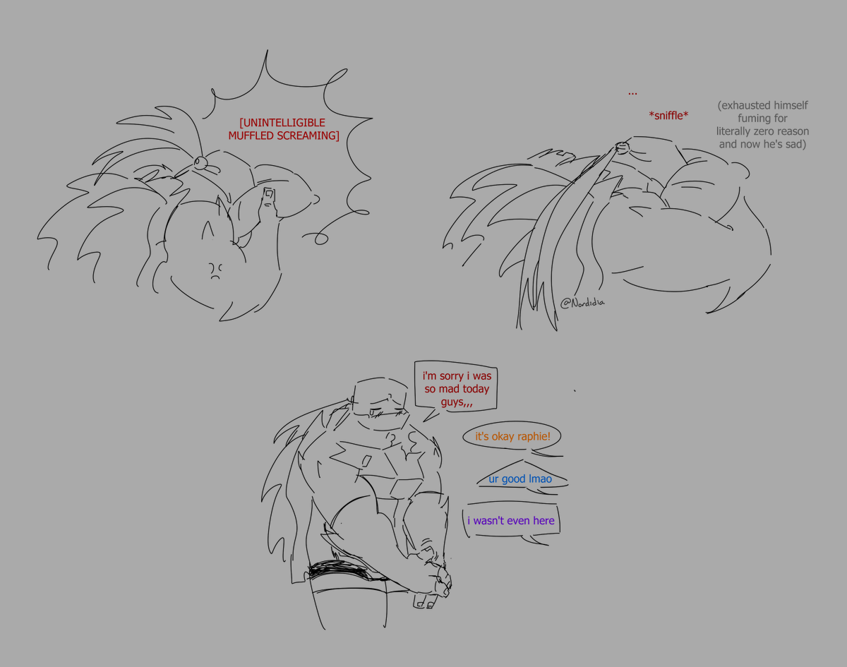 nordidia's tweet photo. raphie doodles from a rage filled day

(first one is the only kinda /srs one, u can laugh i promise bc if this wasnt me i'd laugh my ass off /pos)
i had to project. also i love my friends sorry i yelled at yall xx
#rottmnt https://t.co/Us0LzIAV15