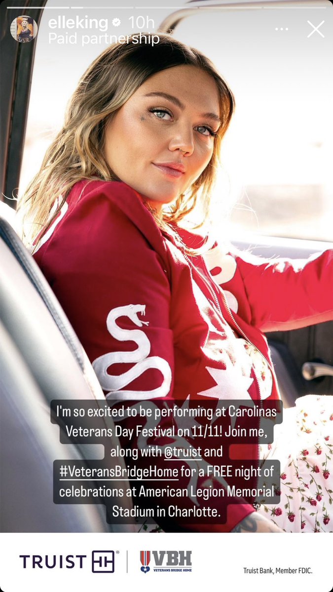 VetBridgeHome's tweet photo. On #VeteransDay in CLT, @ElleKingMusic will be playing a FREE concert at Memorial Stadium thanks to our parters @TruistNews.  @theodenjanes @axioscharlotte @WBTV_News @wsoctv @wcnc @WCCBCharlotte @Queen_City_News @SpecNews1CLT @queencitynerve @qcitymetro https://t.co/eCHen8yjLS https://t.co/p2imkHfmfo