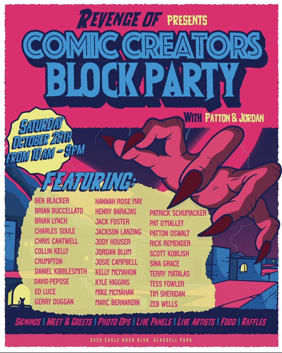 I am so excited for the Comics Creators Block Party with <a href="/pattonoswalt/">Patton Oswalt</a> &amp; <a href="/BlumJordan/">Jordan Blum</a> at <a href="/RevengeOfComics/">Revenge Of</a> this weekend!

Who’s going and wants to hang out with me while I’m there?