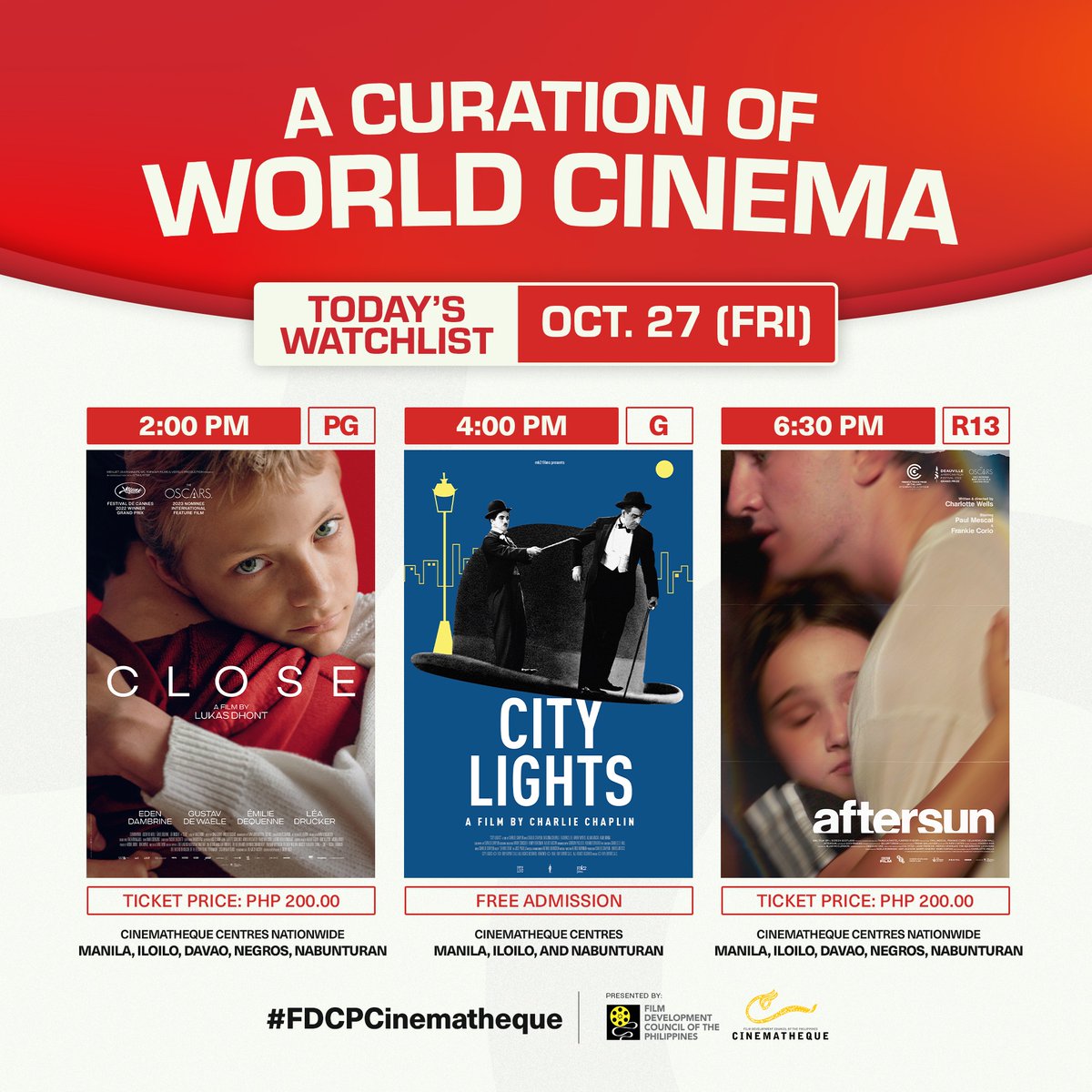 fdcpdavao's tweet photo. 🎟️ NOW SHOWING | OCT 27 at CINEMATHEQUE CENTRE DAVAO | #NoodTayoNgSine #FDCP #FDCPCinematheque #FDCPWorldCinema https://t.co/YCCGzwqtKA