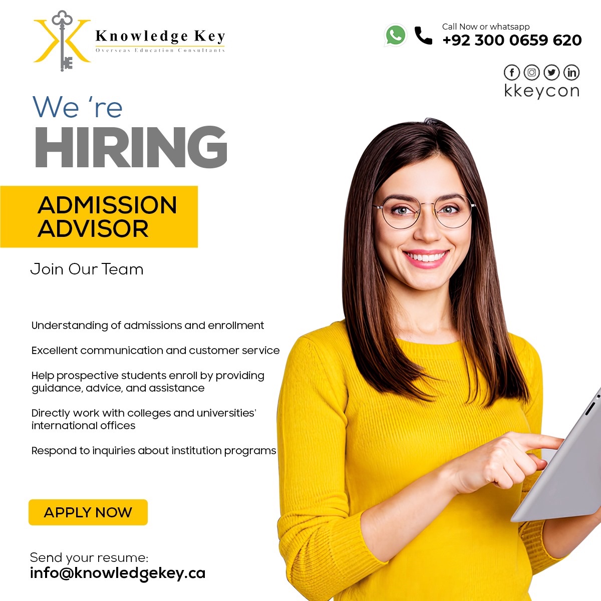 kkeycon's tweet photo. This is an on-site contract role for an Educational Counselor, located in Lahore. 

#knowledgekey #overseaseducation #consultants #educationalconsultant #hiring #canada #pakistan #knowledge #key #agents #consultancy #educationalcounseling https://t.co/9uTZ9nkDkK