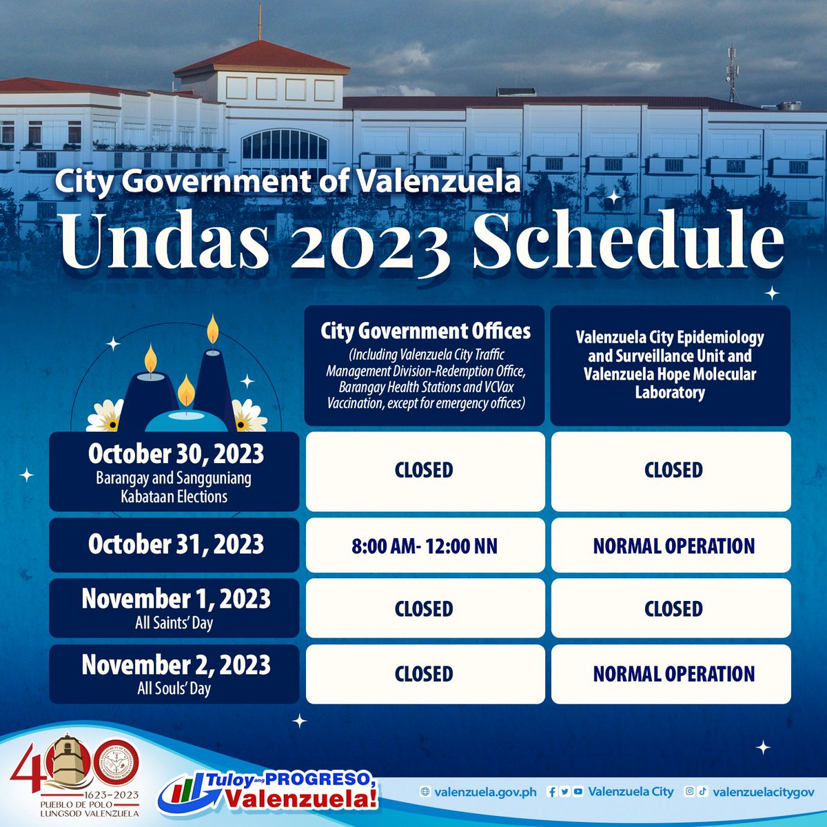 valenzuelacity's tweet photo. ADVISORY: Our City Government offices, including the #VCVax vaccination, Redemption Office of our Traffic Management Division, CESU, and Hope Molecular Laboratory, will be implementing the following schedule in observance of #Undas2023. https://t.co/WzYjqZH0Y7