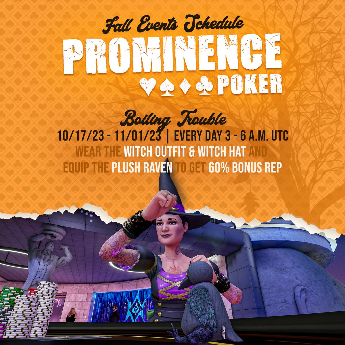 ProminencePoker's tweet photo. "Double, double bets and shuffles; cards fold and pots in trouble."

The Boiling Trouble multi-item event is live now through Nov. 1! 🧙‍♀️✨ https://t.co/TxCzN468ni