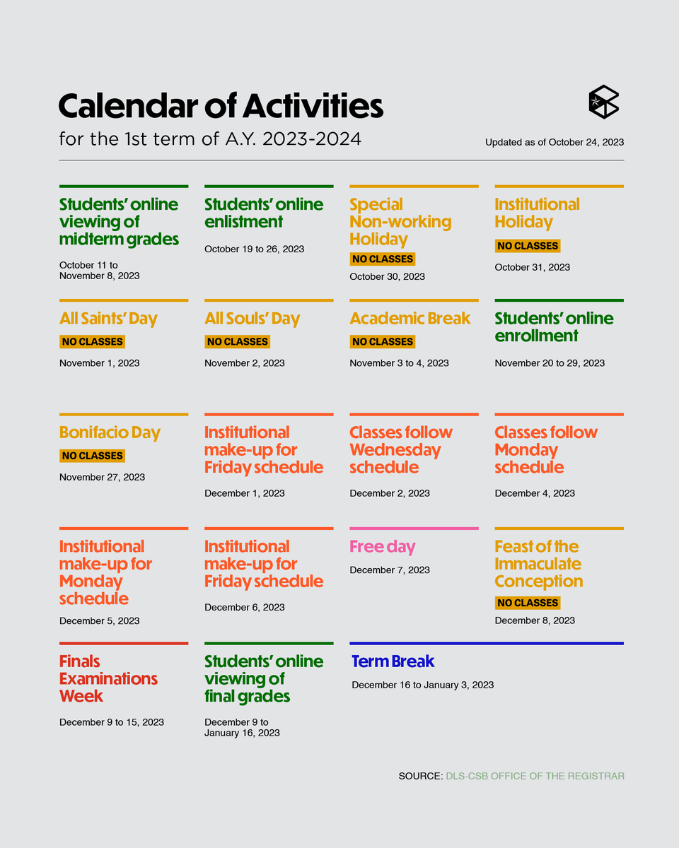 TheBenildean's tweet photo. Heads up, Benildeans!
Here is an updated calendar of activities for 1T, A.Y. 2023 - 2024 as of Oct. 24, 2023.
#BPCUpdates
#BeInTheKnow
Layout by Hiro Odamaki https://t.co/1b9IU1SN1d