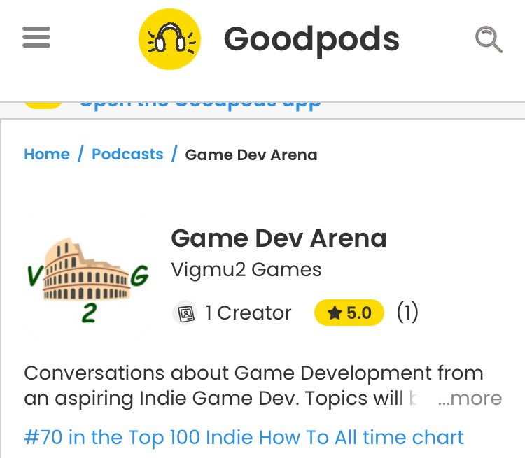 vigmu2's tweet photo. #Top100 
70 out of 100 for #indiepodcasts with  the How To Category on ⁦@GoodpodsHQ⁩ 

Such happy news for the #GameDevArena #podcast!  Check it out on Goodpods or anywhere you listen to podcasts. https://t.co/LWYjngHQhW