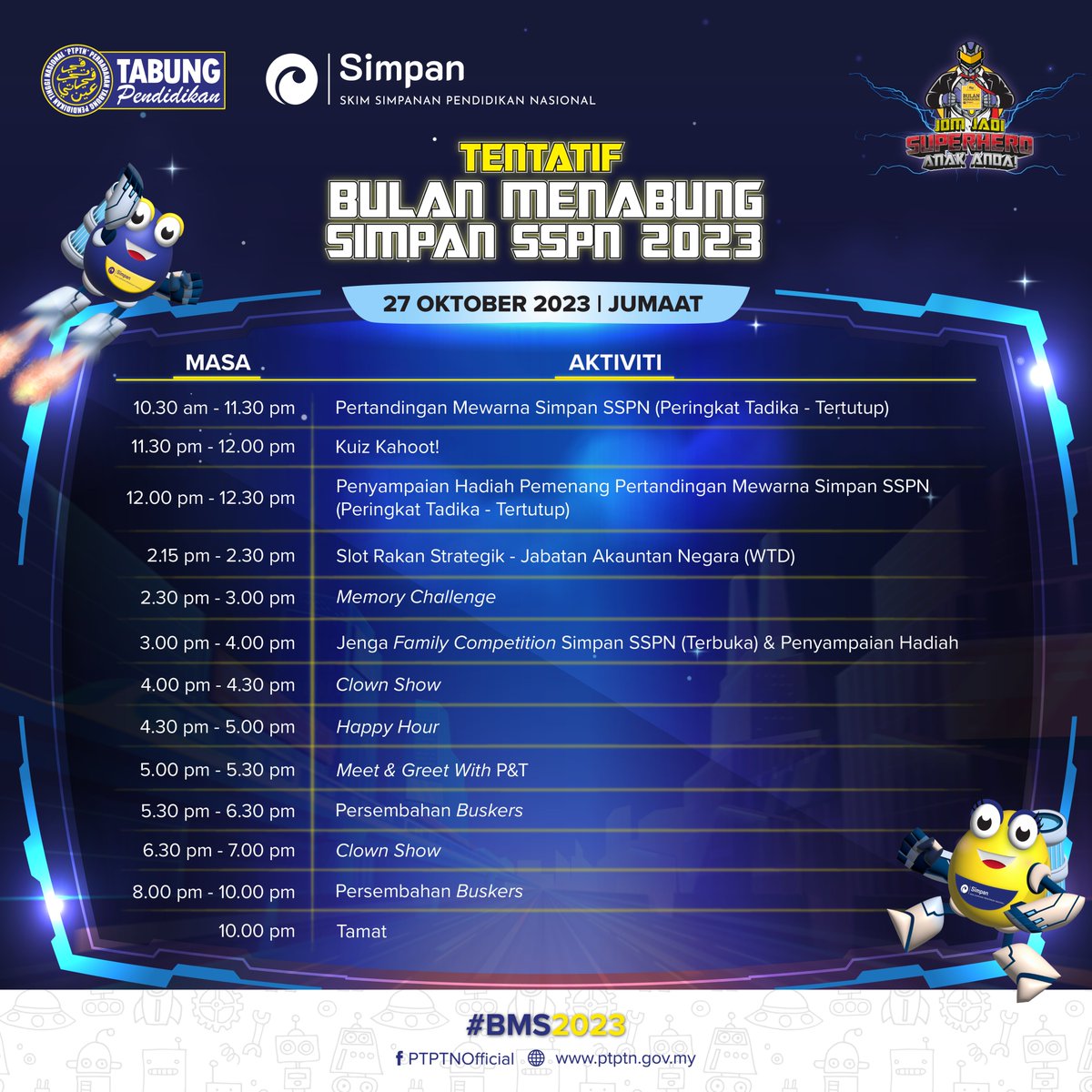 PTPTNOfficial's tweet image. Rancakkan penutup #BMS2023 dengan 𝘫𝘰𝘪𝘯 pelbagai aktiviti yang menarik! 🎨​

​Korang cakap je nak aktiviti apa, 𝘤𝘰𝘯𝘧𝘪𝘳𝘮 semua 𝘣𝘦𝘴𝘵. Nah, Min bagi​ dekat korang tentatif penuh selama 3 hari di bawah: