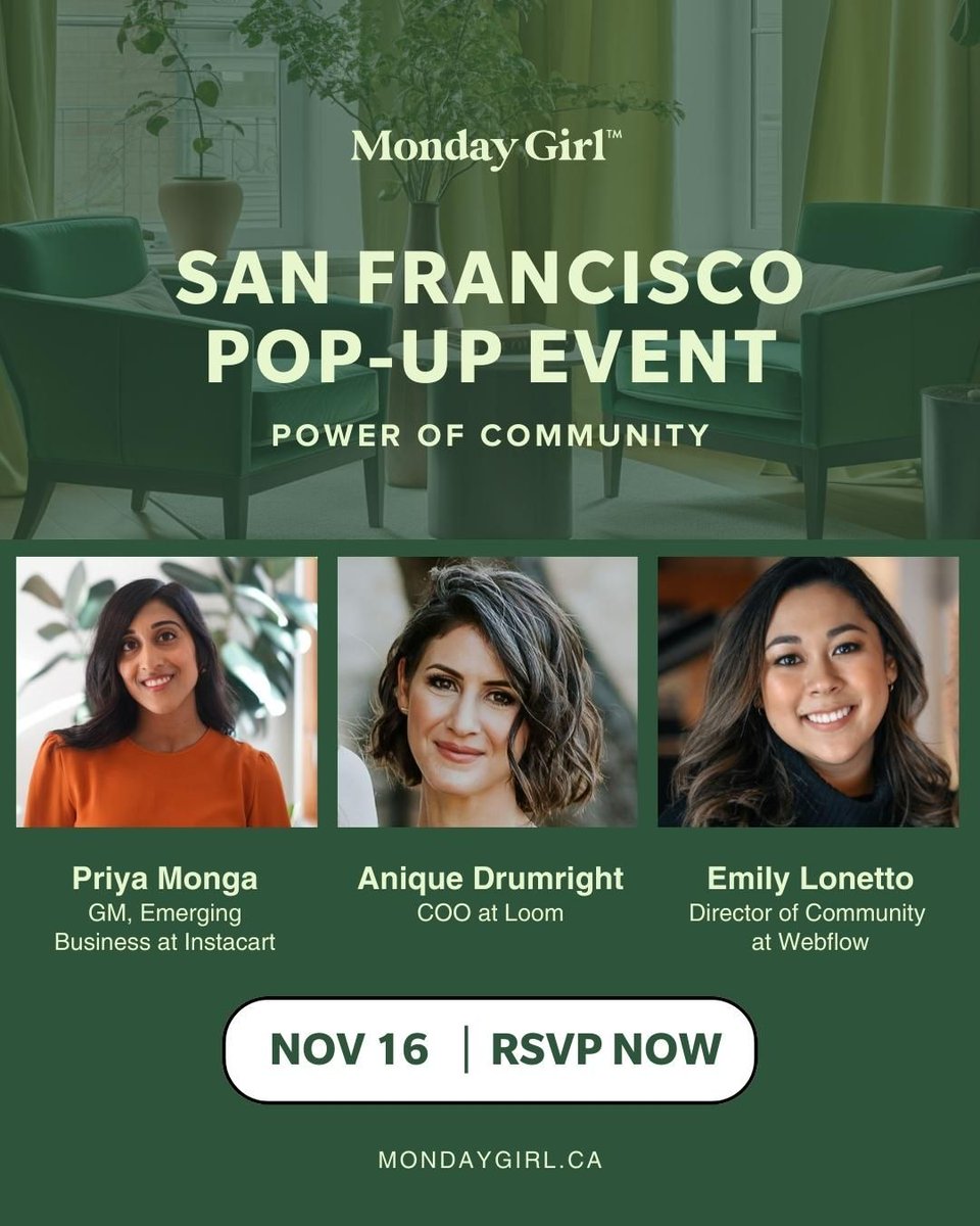 👋 Hi San Francisco! Join us on November 16th from 6 - 9pm PST for an exclusive panel discussion on the power of community featuring tech leaders, Priya Monga, Anique Drumright, and Emily Lonetto. RSVP NOW: lu.ma/sanfranciscoMG…