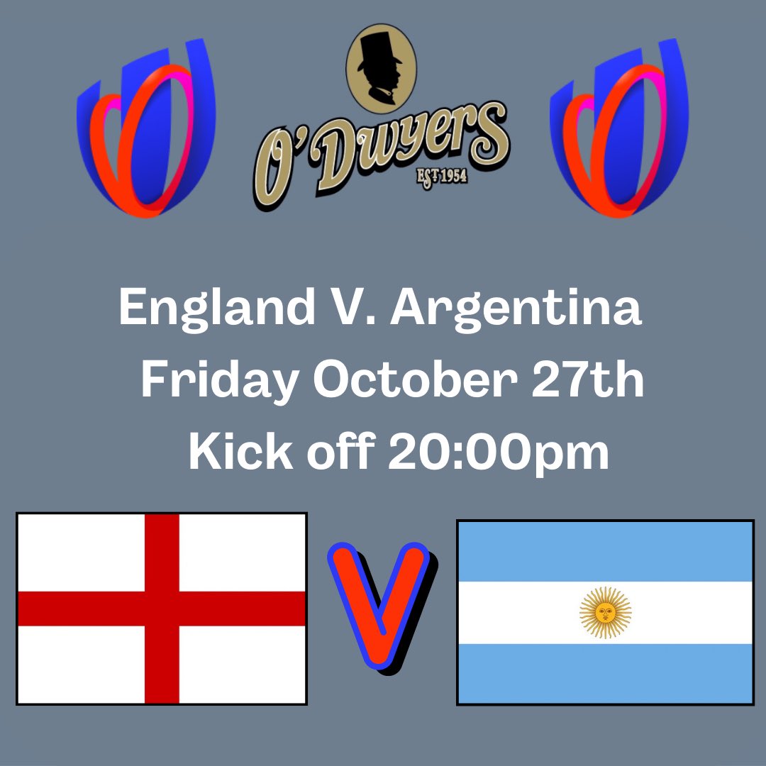 🏉 Don’t miss the Rugby World Cup this weekend at O’Dwyers! 🏉 🏉 England 🏴󠁧󠁢󠁥󠁮󠁧󠁿 V. Argentina 🇦🇷 - 8pm Don’t miss the action! 🏉 Catch all Rugby World Cup fixtures live at O’Dwyers Kilmacud! 😃 See you there! 😃🍻 #IRFU #RugbyWorldCup #RugbyWorldCup2023 #RWC2023