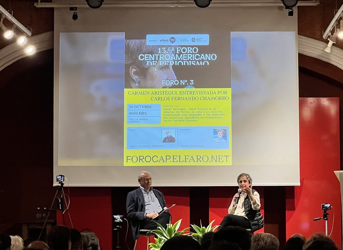 AgenciaOcote's tweet photo. 📌Carmen Aristegui y Carlos Fernando Chamorro en un conversatorio sobre los desafíos y ataques al periodismo independiente, en la segunda noche del Foro Centroamericano de Periodismo. 

#ForoCAP2023 #ForoCAP #AntiguaGuatemala https://t.co/drHAUqO40T
