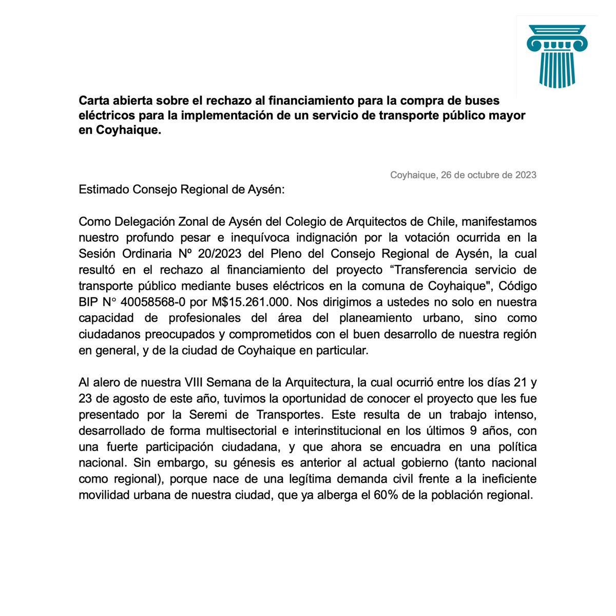 ca_aysen's tweet photo. Carta abierta sobre el rechazo o al financiamiento para la compra de buses eléctricos para la implementación de un servicio de transporte público mayor en coyhaique, dirigida al Consejo Regional de Aysén. @CoreAysen @MTTAysen @goreaysen_ https://t.co/TClSgw24zY
