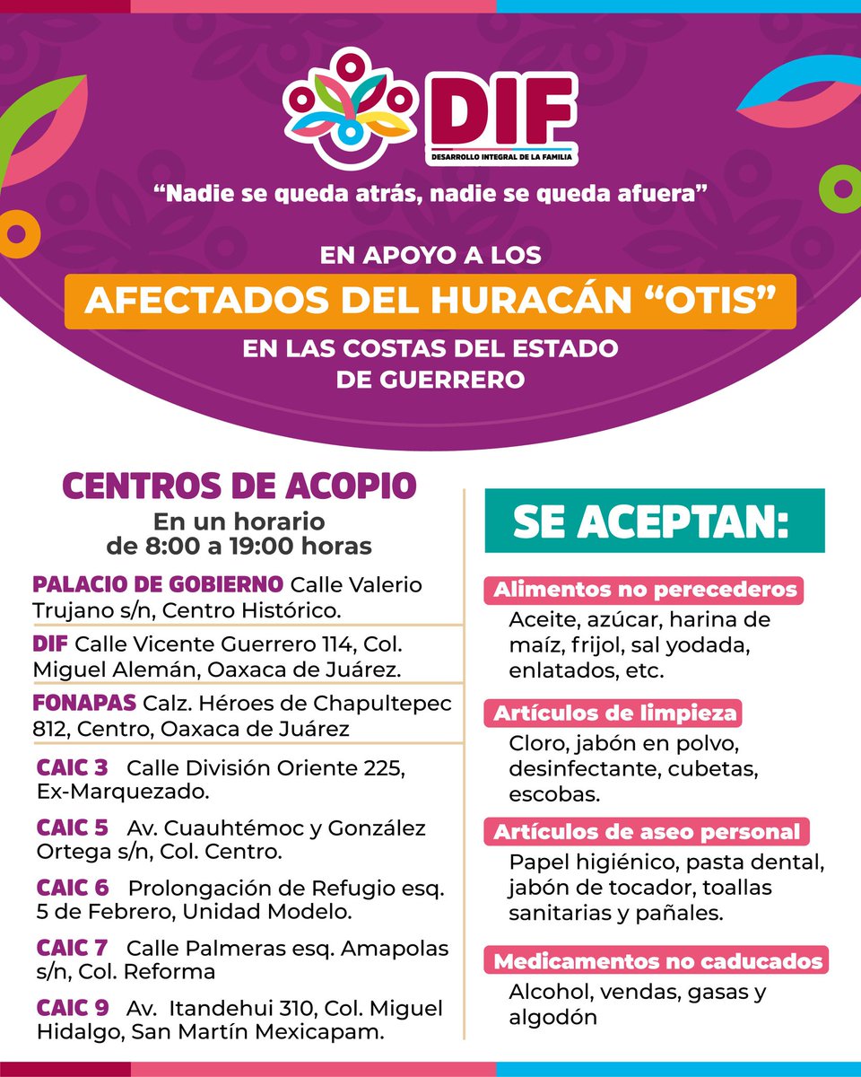 SidepolOax's tweet photo. Conoce los Centros de Acopio del @DIF_Oaxaca, en donde puedes llevar tus donativos para apoyar a las personas afectadas por el huracán Otis en Guerrero. ¡Súmate y apoyemos! https://t.co/2cbi2CbfF6