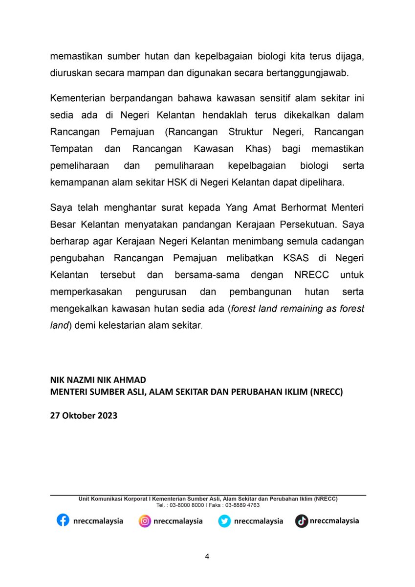 niknazmi's tweet photo. Saya telah hantar surat ke MB Kelantan, nyatakan pendirian Kerajaan Pusat tidak bersetuju pengeluaran besar-besaran Hutan Simpan Kekal dari Kawasan Sensitif Alam Sekitar 

@nreccmalaysia https://t.co/nSySzSKnfj