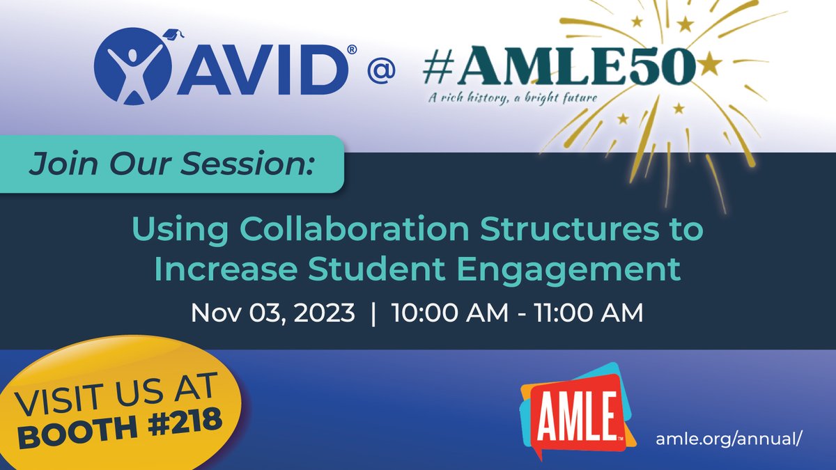 📣 Calling all educators attending #AMLE50! Dive into the world of student engagement with our session—Using Collaboration Structures to Increase Student Engagement. Swing by our booth for more AVID insights and resources. Learn more: bit.ly/3Megcf5