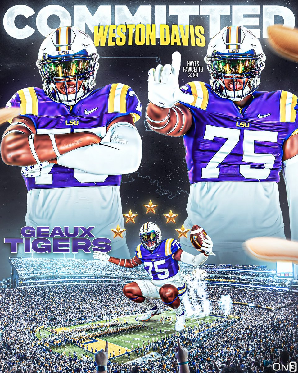 Hayesfawcett3's tweet photo. BREAKING: Five-Star OT Weston Davis tells me he has Flipped his Commitment from Texas A&amp;M to LSU!

The No. 18 player in the ‘24 Class (No. 3 OT) had been Committed to the Aggies since June

“I’m home🐯”

https://t.co/qEBZTX19hL https://t.co/oqHtK2ALRj