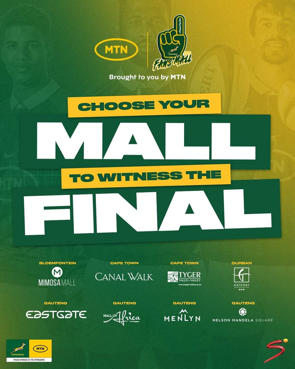 The Springboks and South Africa have a date with destiny on Saturday 🏆

Witness every minute of the Boks’ quest for glory alongside your fellow South Africans at one of the MTN Springbok Fan Malls across the country 🇿🇦

#MTNDoingWhatItTakes #1Team60MillionVoices

©️ MTN Rugby