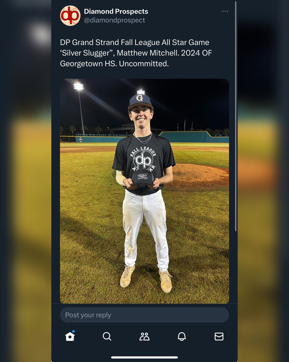 M_Mitchell15's tweet image. Went 2-2 last night with go ahead RBI in the 7th in the @diamondprospect All-star game winning the “Silver Slugger” award. Also tallied a SB. Unfortunately black team came up short but I had a fantastic experience! @carolina_rays @PBR_SC @CoachCoxBSB @DiamondElit3 @Limestone_BSB