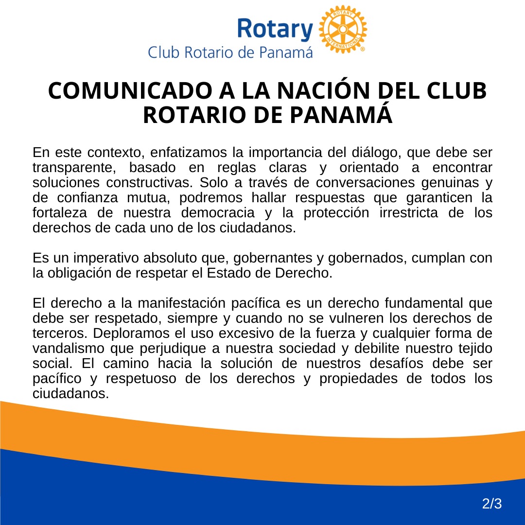 RotarioPanama's tweet photo. Comunicado del Club Rotario de Panamá 🇵🇦: En tiempos desafiantes, preservar la democracia y respetar los derechos de todos es esencial. Un llamado a la prudencia y al respeto mutuo en busca de soluciones constructivas. #PanamáUnido #Democracia #DiálogoPorLaPaz 🕊️ https://t.co/RqX6r8H0JJ
