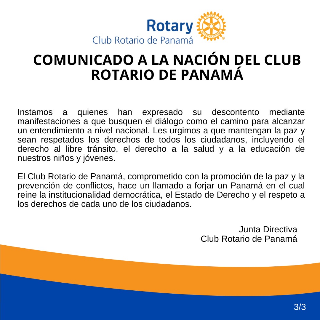 RotarioPanama's tweet photo. Comunicado del Club Rotario de Panamá 🇵🇦: En tiempos desafiantes, preservar la democracia y respetar los derechos de todos es esencial. Un llamado a la prudencia y al respeto mutuo en busca de soluciones constructivas. #PanamáUnido #Democracia #DiálogoPorLaPaz 🕊️ https://t.co/RqX6r8H0JJ