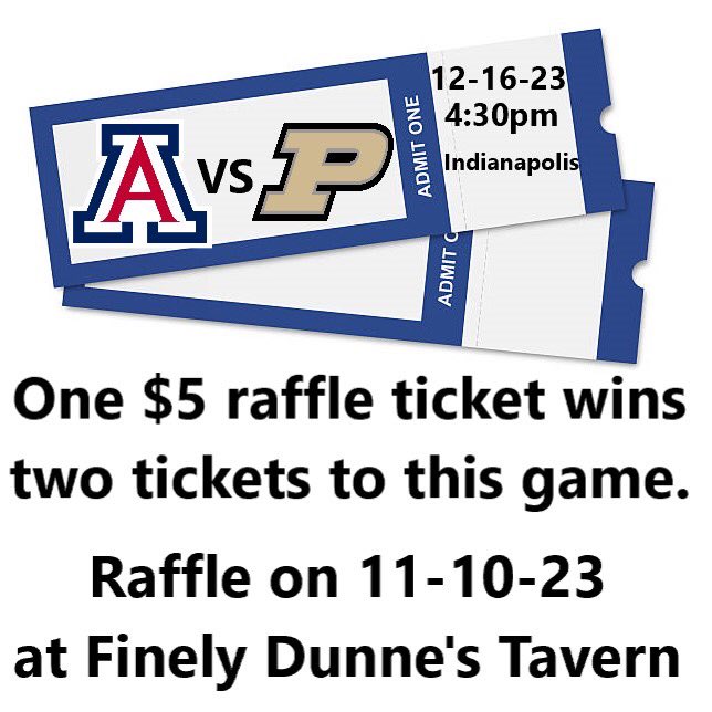 Come watch #12 Arizona take on #2 Duke Blue Devils Friday Nov. 10th 6:30pm <a href="/finleydunnesbar/">Finley Dunnes Tavern</a>  and enter for your chance to win a pair of Arizona Purdue tickets. $5 each  raffle ticket. Must be present for the drawing at Finley Dunne’s after the game. 

#indycityclassic #arizona