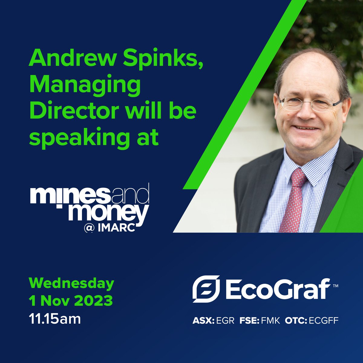 EcoGraf's tweet photo. EcoGraf’s Andrew Spinks will be speaking tomorrow @MinesAndMoney @IMARC_Mining at 11:15am & will be providing a update on our vertically integrated #BatteryAnodeMaterials business that supports the lithium-ion battery market.
If you’re attending please visit stand #M75. $EGR.ax https://t.co/BeMOE4MxhX