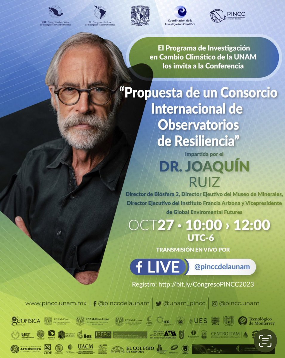 ¡Es mañana! 🙋🏽🙋🏼‍♀️

¡No te pierdas nuestra conferencia!

⏰ 10:00 hrs.

13º Congreso Nacional de Investigación en Cambio Climático y el 5º Latino🌎🌿

“Propuesta de un Consorcio Internacional de observatorios de Resiliencia” Dr. Joaquín Ruiz

👩🏻‍💻 Virtual
✍️ bit.ly/CongresoPINCC2…