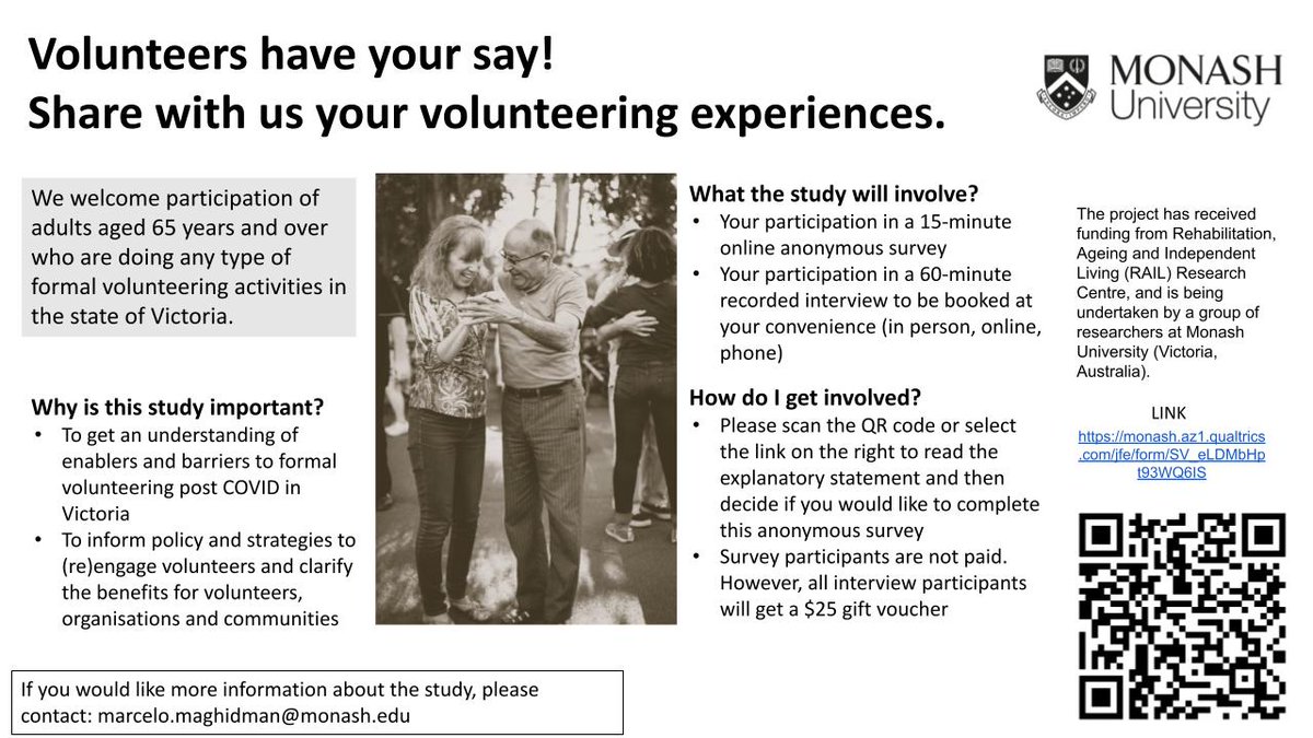 Em Bould (they/them) (@em_bould) on Twitter photo If you are aged 65+ years and doing any type of volunteering, please consider doing this anonymous survey about your volunteering experiences. Link to information statement and survey via: monash.az1.qualtrics.com/jfe/form/SV_eL… Thank you. Please retweet! <a href="/Monash_SocialWk/">Monash Social Work</a> <a href="/Monash_OT/">Monash_OccupationalTherapy</a> <a href="/RAILMonash/">Monash RAIL Research Centre</a> If you are aged 65+ years and doing any type of volunteering, please consider doing this anonymous survey about your volunteering experiences. Link to information statement and survey via: monash.az1.qualtrics.com/jfe/form/SV_eL… Thank you. Please retweet! <a href="/Monash_SocialWk/">Monash Social Work</a> <a href="/Monash_OT/">Monash_OccupationalTherapy</a> <a href="/RAILMonash/">Monash RAIL Research Centre</a>