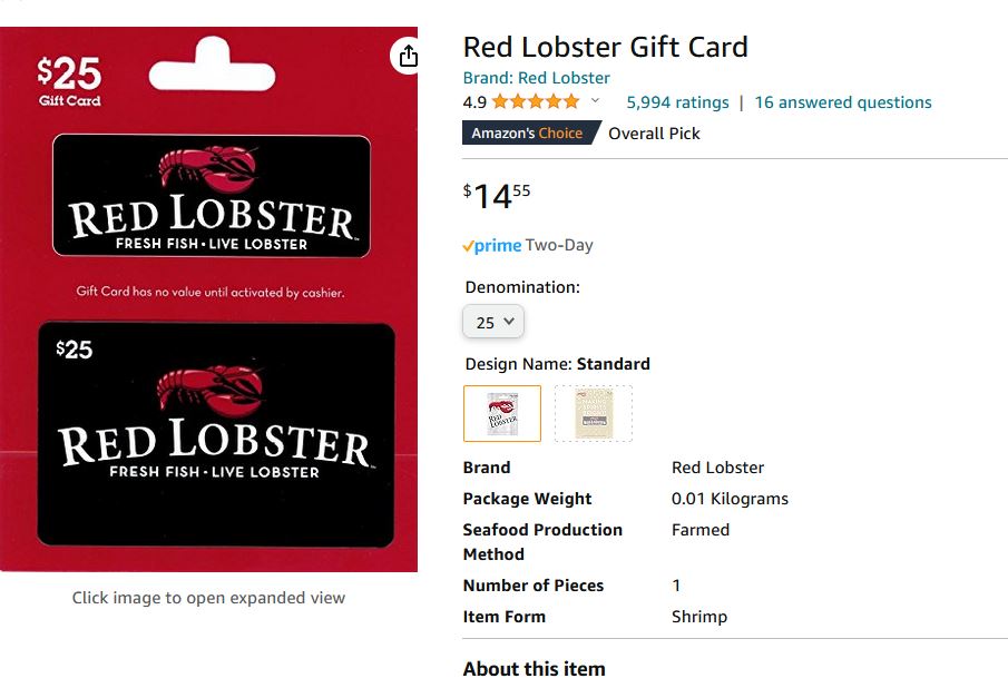 Red Lobster Gift Card $25 for $14.55 via Amazon (Prime Eligible). ow.ly/VLE350Q1kNr