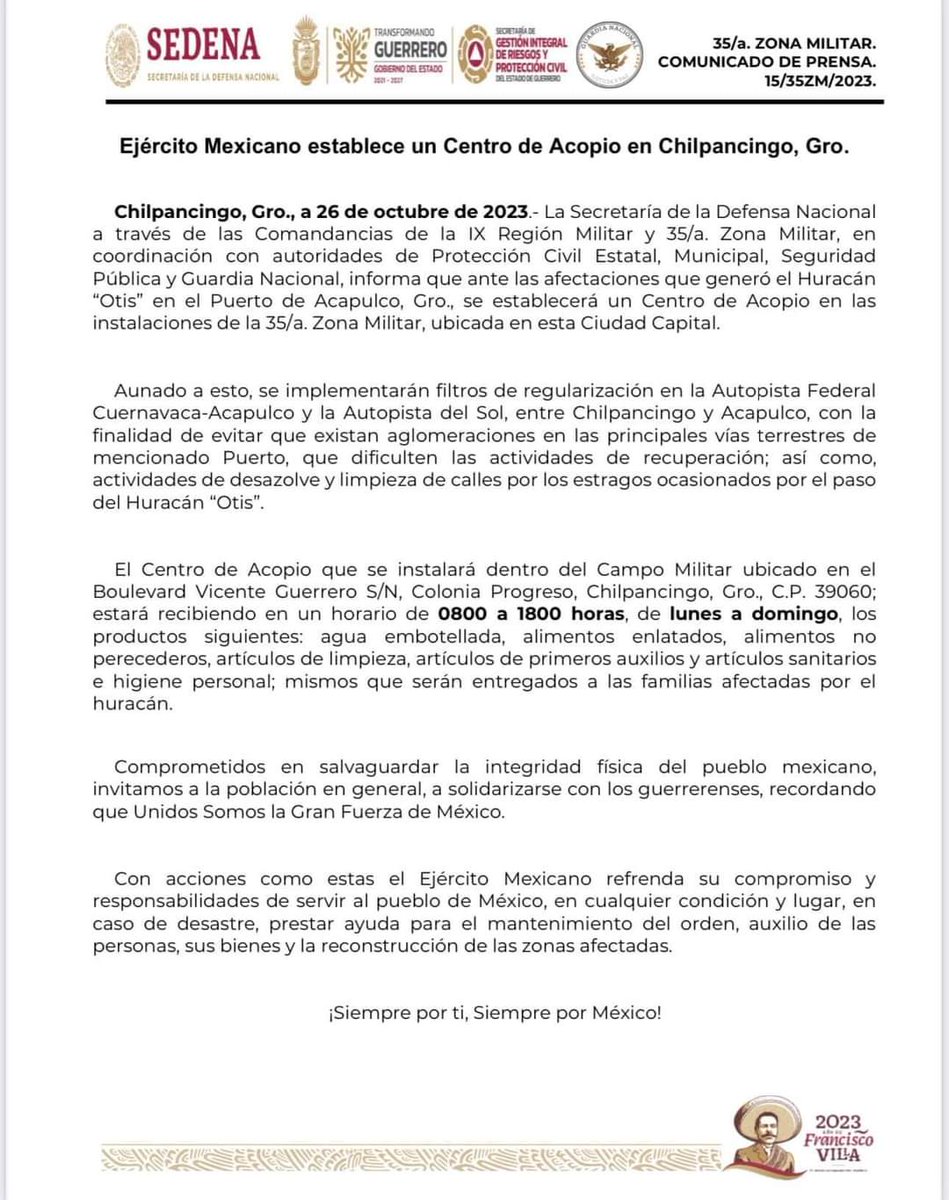 Paren las prensas !!!  Informa el gobierno de #Guerrero que toda ayuda a damnificados #HuracanOtis aun y venga de la sociedad civil, pasara por la báscula oficial y será entregada por la Sedena. Lo dijimos gobiernos federal, estatal y municipal, administran la tragedia #Acapulco