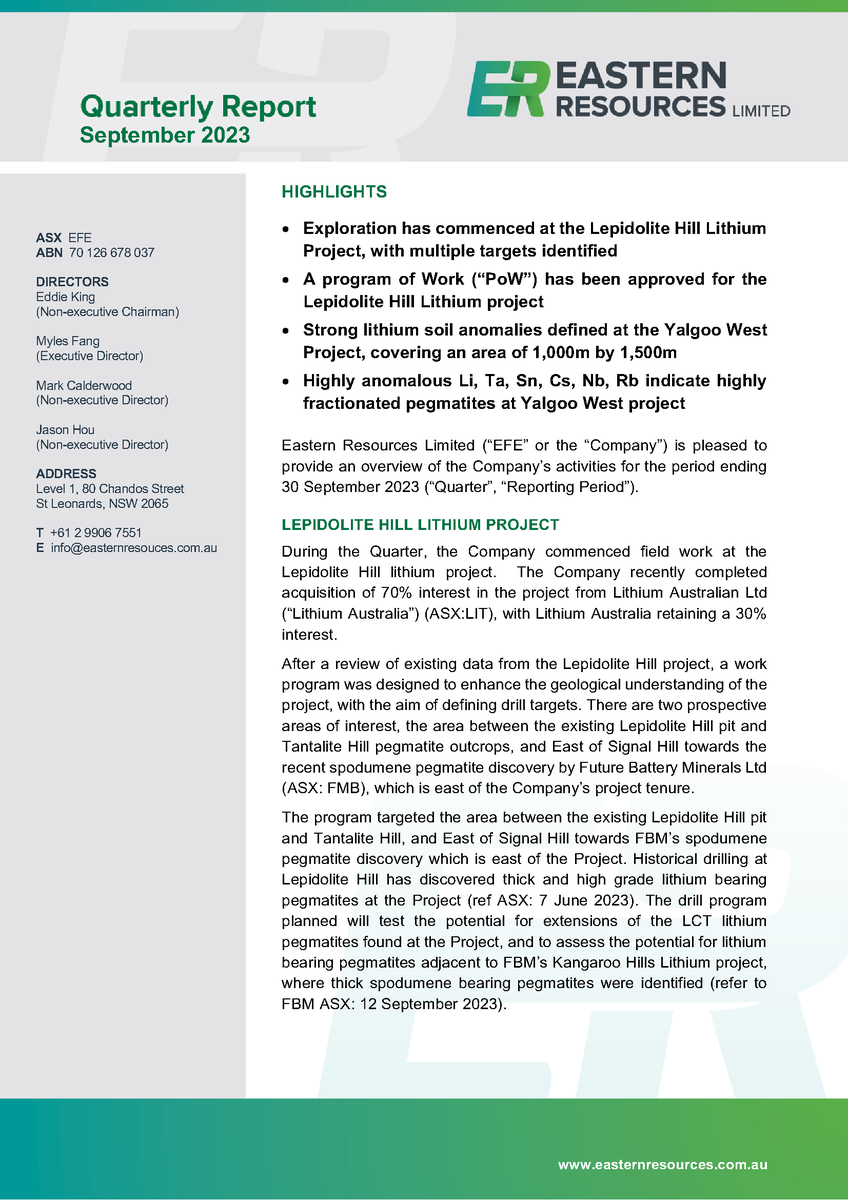 EasternEFE's tweet photo. $EFE.AX is pleased to provide an update on its activities for the September 2023 quarter.

Full report: https://t.co/LDPXvIoNyo https://t.co/fAqtSlHwU1