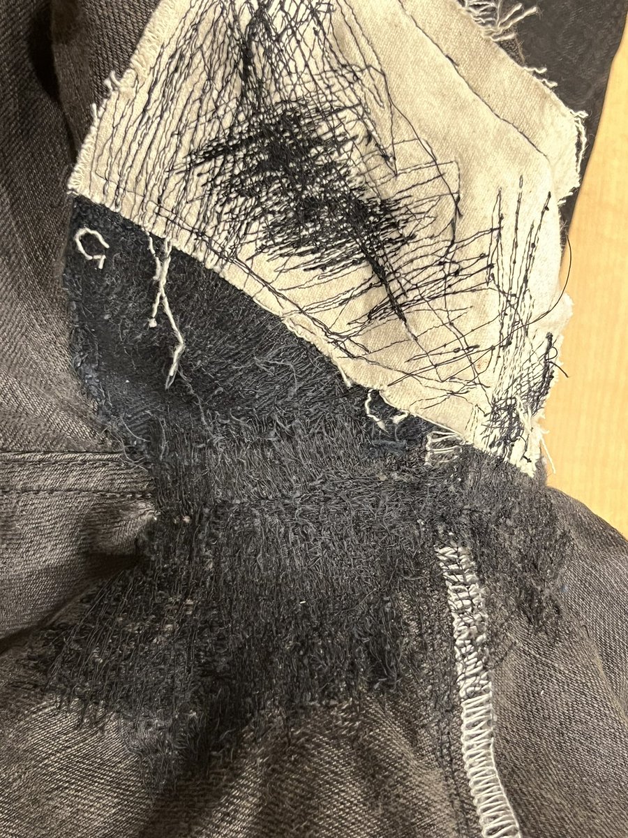 When I have a favorite pair of jeans, I don’t let them go easily.
That’s the worst crotch blowout I’ve salvaged yet. I like using the white canvas as a patch because when I darn over with the color match thread, it blends into the worn denim better in my opinion..