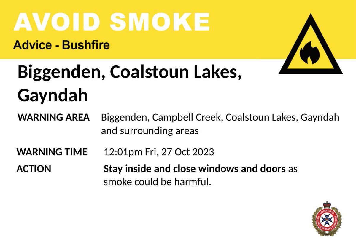 AVOID SMOKE - Biggenden, Coalstoun Lakes, Gayndah - fire as at 12:01pm Friday, 27 October 2023.
For all current warnings, updates and mapping go to qfes.qld.gov.au/Current-Incide….