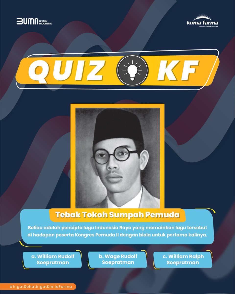 Jum’at waktunya QUIZ! Besok kita akan memperingati Hari Sumpah Pemuda loh~ Kira-kira Sahabat tau nggak nih, siapa tokoh yang memainkan lagu Indonesia Raya di hadapan Kongres Pemuda II dengan biola untuk pertama kalinya?

Yuk, tulis jawaban Sahabat di kolom komentar (cont)
