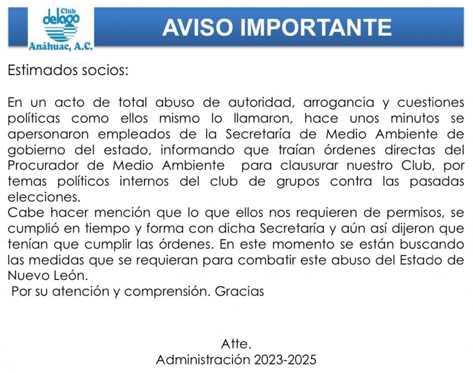 Informativo3651's tweet photo. 💢Clausura @MedioAmbienteNL el #ClubDelLago en #SanNicolas El club informó a sus socios mediante un comunicado el cierre de sus instalaciones y lo atribuyó a "cuestiones políticas"
@daniel_carrillo @GeraVaqueraMX @eldelaconsty @TodosSomosHLM @ArbSanJorge https://t.co/qUfU45m1G3
