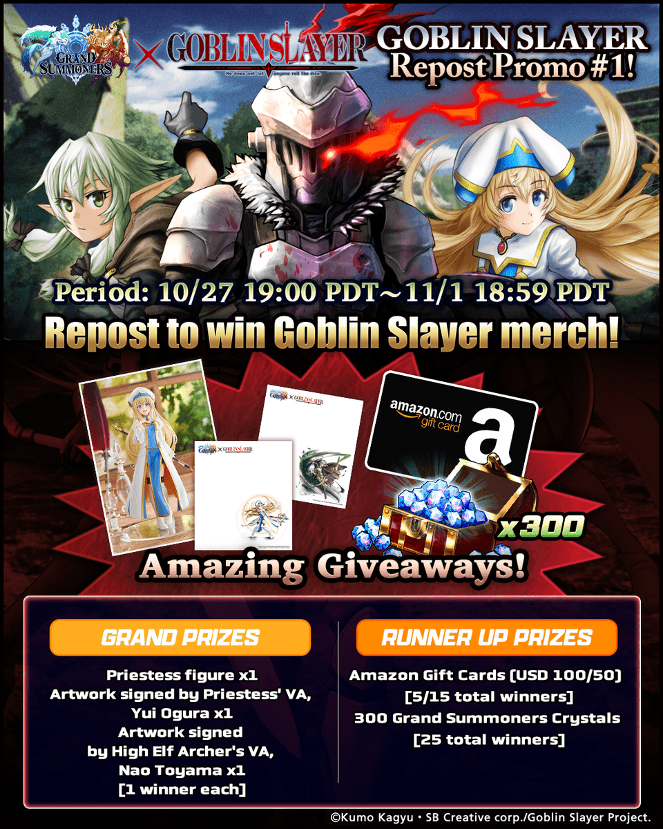 GRDSMN_GLOBAL's tweet photo. An amazing giveaway has begun to countdown the GOBLIN SLAYER Crossover! Tons of fantastic prizes including a figure &amp; autographed items are available!  

See what could be yours!  

https://t.co/O8oeiDHW6V  

*Only winners will be notified via DM.  

#GrandSummoners #GoblinSlayer https://t.co/yQmlpdgXEi