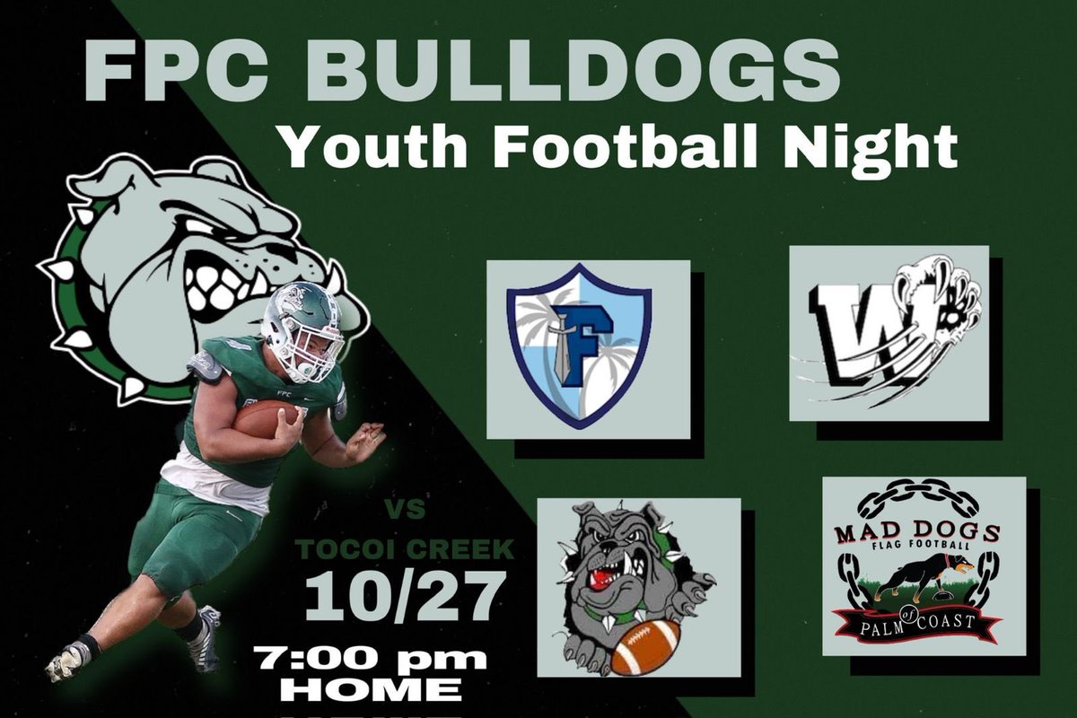 Call all Flagler County youth football teams. Players wearing jerseys get in for free with paying adult join us on the field tomorrow night at 6pm pregame prior to FPC vs Tocoi Creek @FPCHSFootball @FPC_Athletics