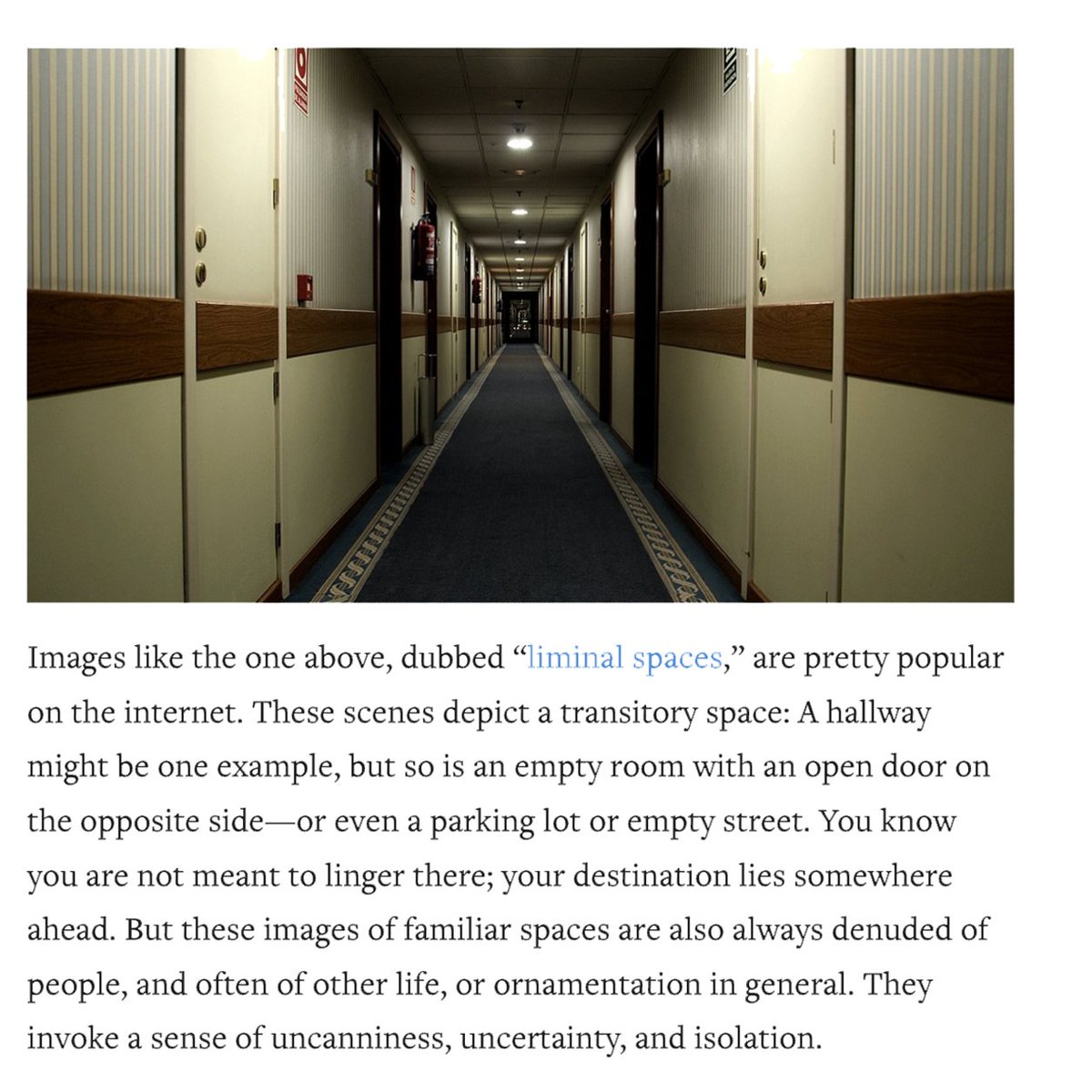 "American suburbs are full of ugly, empty, liminal spaces: spaces you are not meant to linger in or enjoy. They’re the creepy hallways of the built environment, and you can’t feel comfortable traversing them unless you’re zooming past them in a car."

strongtowns.org/journal/2022/1…