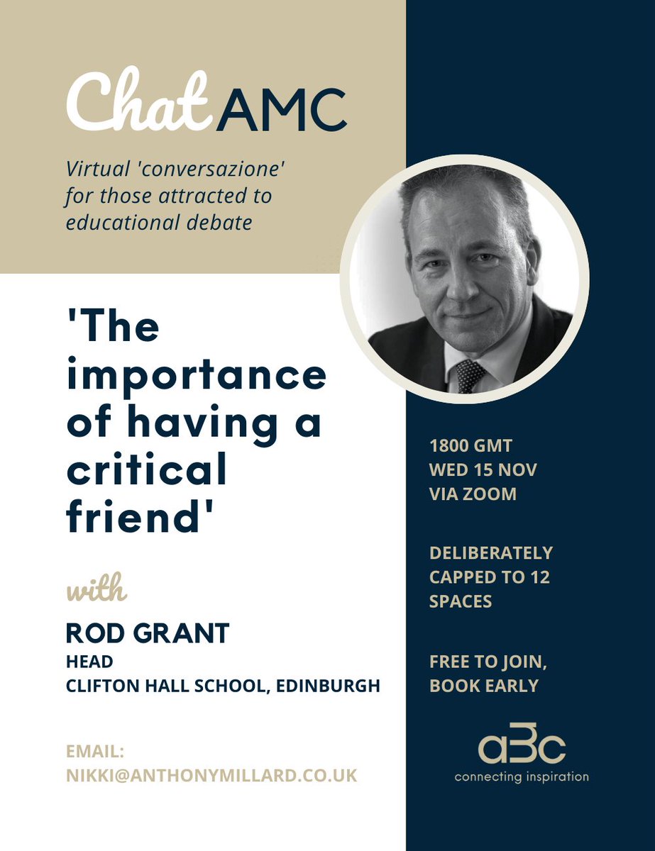 AMCEducation's tweet image. It can be lonely at the top.
Are you a new Head or Principal?
This intimate zoom session would be an hour well spent.
Join AMC Associate Rod Grant, Head Clifton Hall in Edinburgh, to understand the importance of having that critical friend.
#Headship #ConnectingInspiration