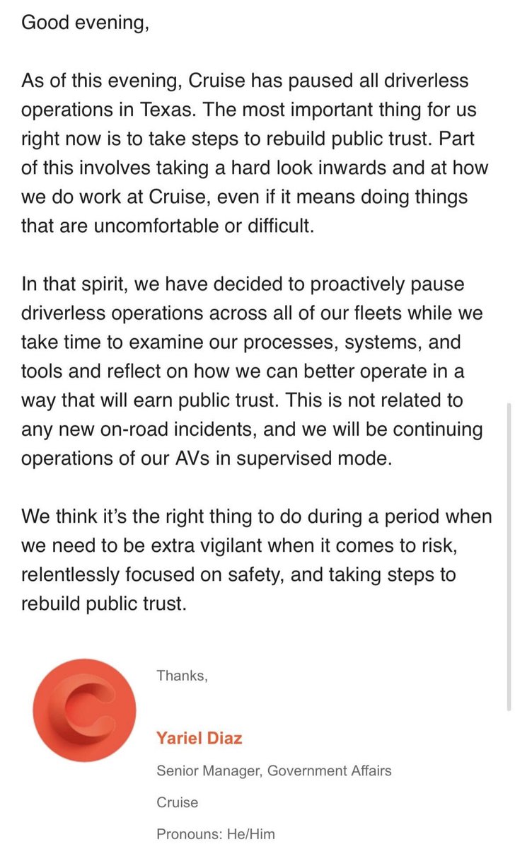 PaigeForAustin's tweet image. NEW: We just learned Cruise is suspending all driverless car operations, including in Texas. The Austin Council Mobility Committee is meeting tomorrow, Oct. 27, where staff will brief us on this developing topic.