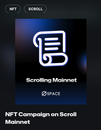 Spacers, latest Campaign on Scroll Mainnet
Scroll x SpaceFi x Galxe NFT Campaign

🎯Complete the task to claim the NFT.
galxe.com/spacefi/campai…

Scroll is a fully EVM-compatible zk-Rollup and that will be our new voyage in the layer2 ecosystem.

SpaceFi is launched on the