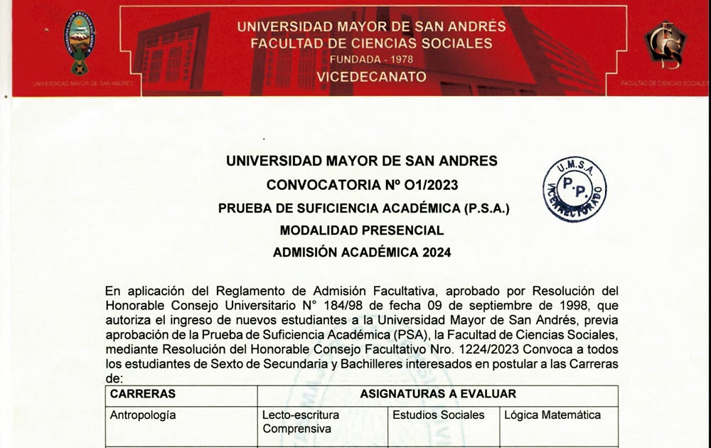 Facultad de Ciencias Sociales UMSA 2024: Convocatoria a la Prueba de Suficiencia Académica dlvr.it/Sy10h8
