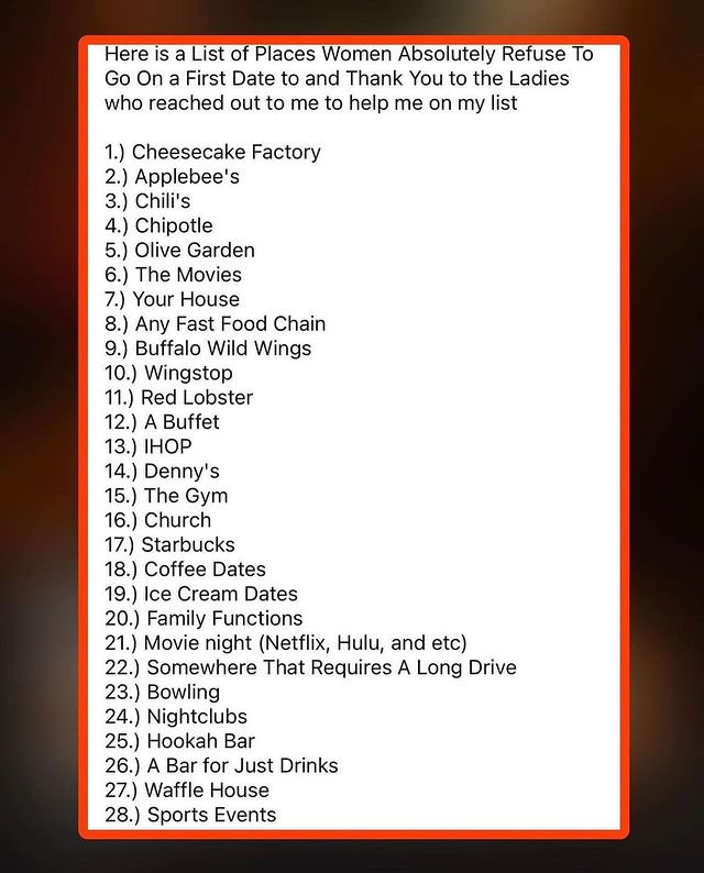 Soundwave_LA's tweet image. After reading the list of “Places Women Absolutely Refuse To Go On a First Date” I am convinced that America has a serious mental health issue. Do us all a favor and please stop spending your therapy money on expensive trips. Get help. Professional help.