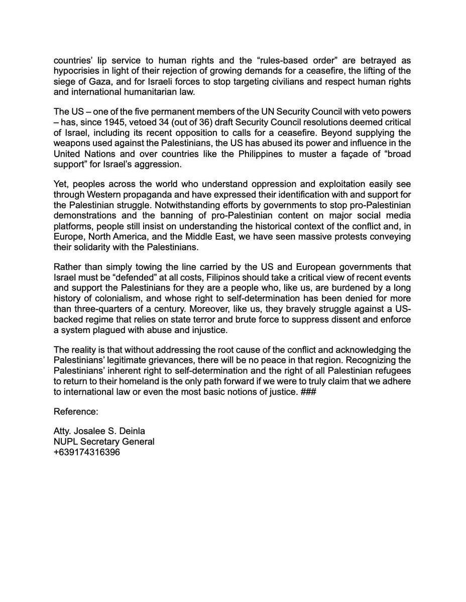 PRESS STATEMENT | Support the Palestinian people’s struggle for self-determination 

The reality is that without addressing the root cause of the conflict and acknowledging the Palestinians’ legitimate grievances, there will be no peace in that region.