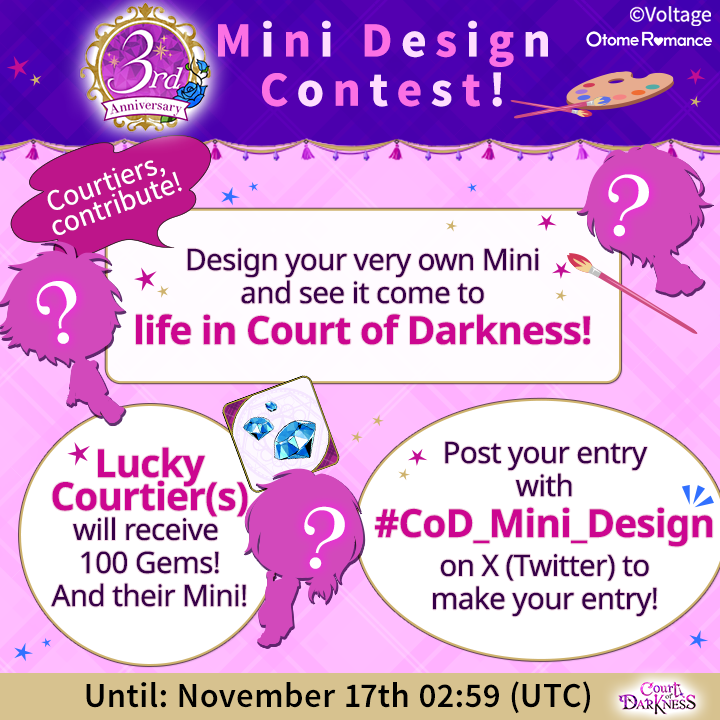 CourtDarkness's tweet photo. ✨3rd Year Celebration✨
Celebrate 3 years with...
a Mini Design Contest!😊
Be creative & contribute to Court of Darkness!
All levels of art skill welcome! Give us your rough sketches!🎨
★Application Period★
Until 11/17 02:59 (UTC)
(1/3) https://t.co/YyNSE8tu26
